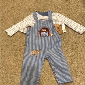 Charming Blue and White Overalls with Barn Appliqué